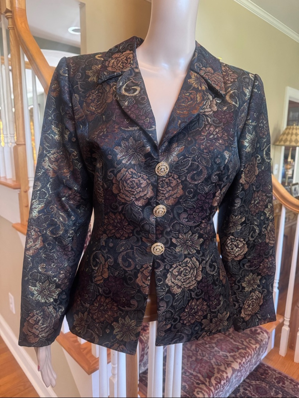 Vintage Ursula of Switzerland Black Gold Floral Brocade Blazer Rhinestones Sz 10